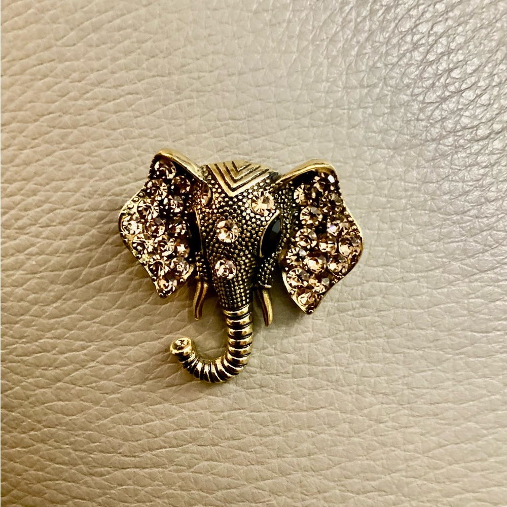 Gold Elephant Brooch with Rhinestones